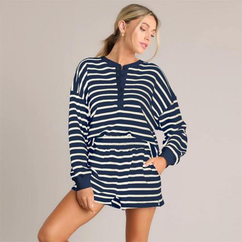 Navy Chic Striped Summer Sets Long-Sleeve Tee & Shorts Combo