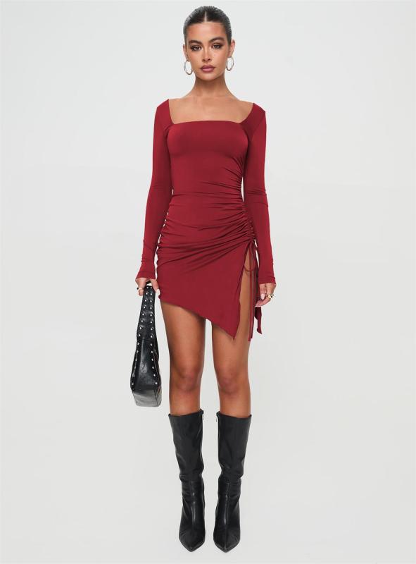 Claret Square Neck Long Sleeve Pleated Sexy Party Mini Dress