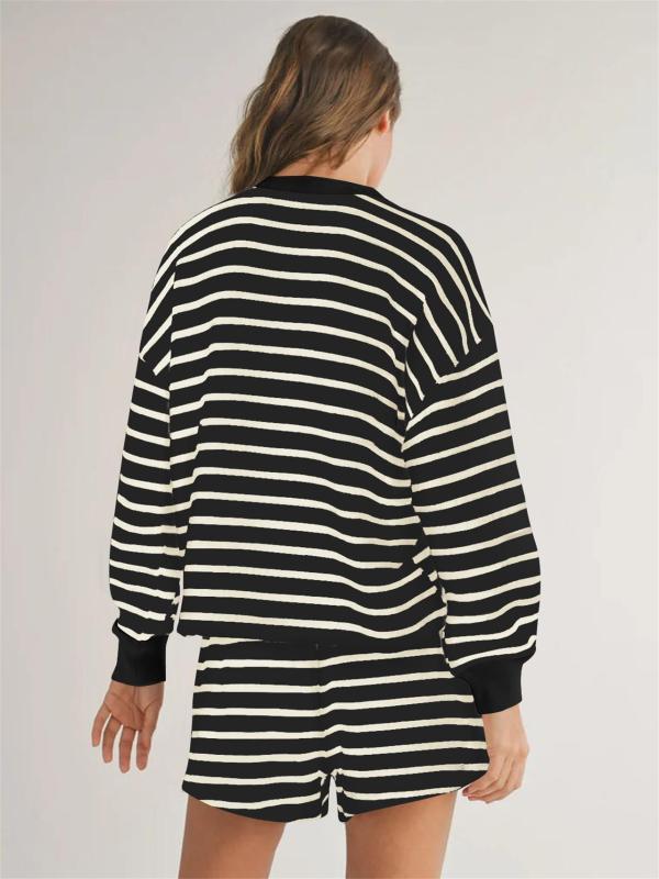 Black Chic Striped Summer Sets Long-Sleeve Tee & Shorts Combo