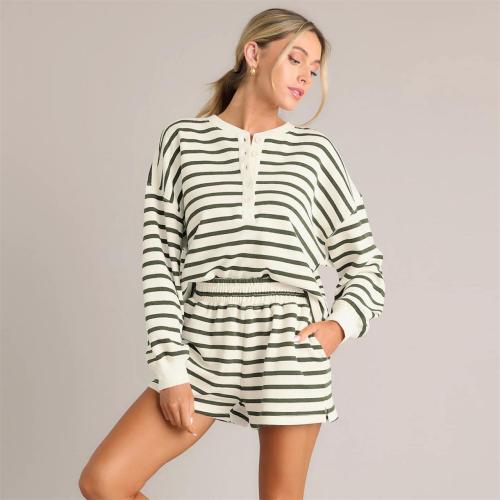 Green Chic Striped Summer Sets Long-Sleeve Tee & Shorts Combo