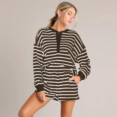 Coffee Chic Striped Summer Sets Long-Sleeve Tee & Shorts Combo