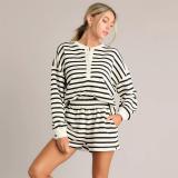 Black Beige Chic Striped Summer Sets Long-Sleeve Tee & Shorts Combo