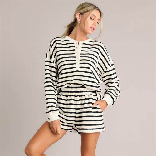 Black Beige Chic Striped Summer Sets Long-Sleeve Tee & Shorts Combo