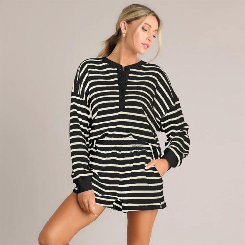 Black Chic Striped Summer Sets Long-Sleeve Tee & Shorts Combo