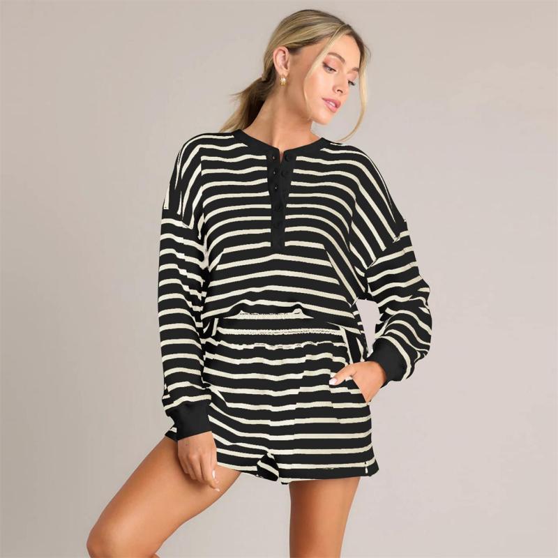 Black Chic Striped Summer Sets Long-Sleeve Tee & Shorts Combo