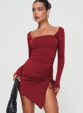 Claret Square Neck Long Sleeve Pleated Sexy Party Mini Dress