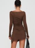 Coffee Square Neck Long Sleeve Pleated Sexy Party Mini Dress