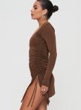 Coffee Square Neck Long Sleeve Pleated Sexy Party Mini Dress