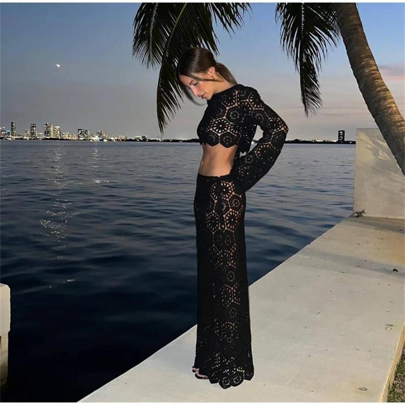 Black Women Long Sleeve Cropped Top High Waist Skirts Crochet Hook Knitted Hollow Out Suits