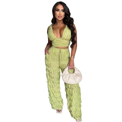 Green Women's Ruffled Lace-Up Sleeveless Pants Two-Piece Pant Set Suits