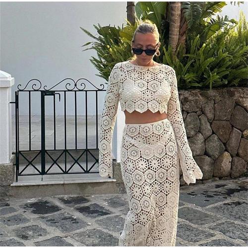 White Women Long Sleeve Cropped Top High Waist Skirts Crochet Hook Knitted Hollow Out Suits