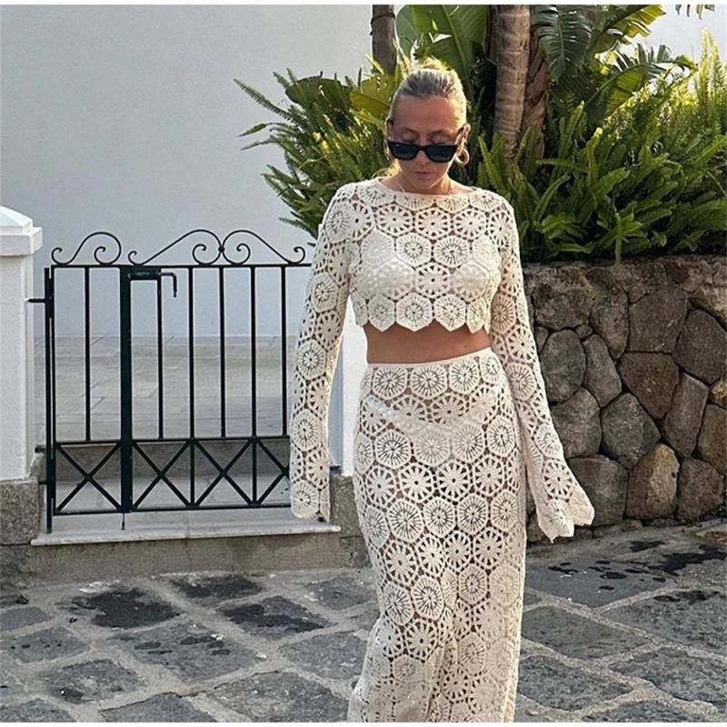 White Women Long Sleeve Cropped Top High Waist Skirts Crochet Hook Knitted Hollow Out Suits
