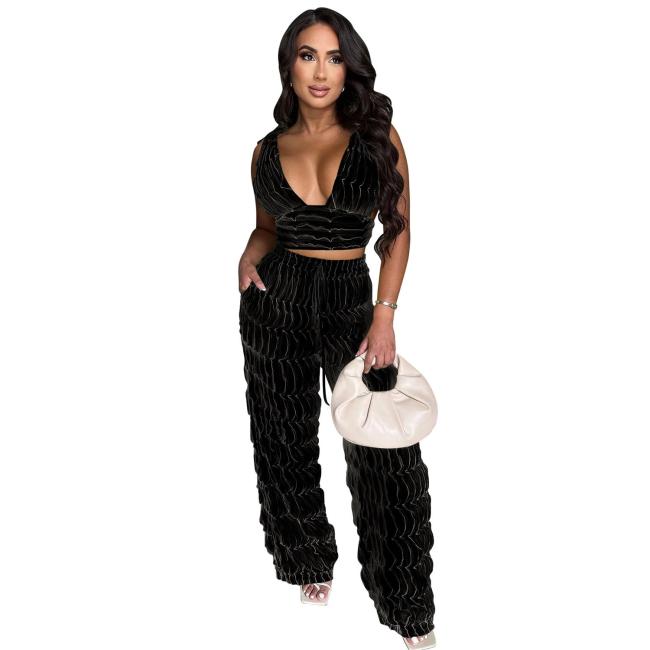 Black Women's Ruffled Lace-Up Sleeveless Pants Two-Piece Pant Set Suits