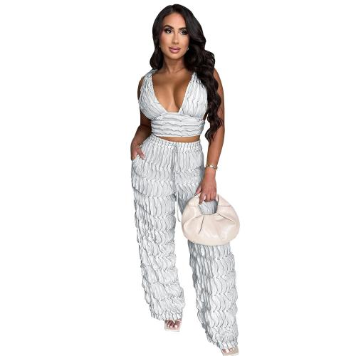 White Women's Ruffled Lace-Up Sleeveless Pants Two-Piece Pant Set Suits