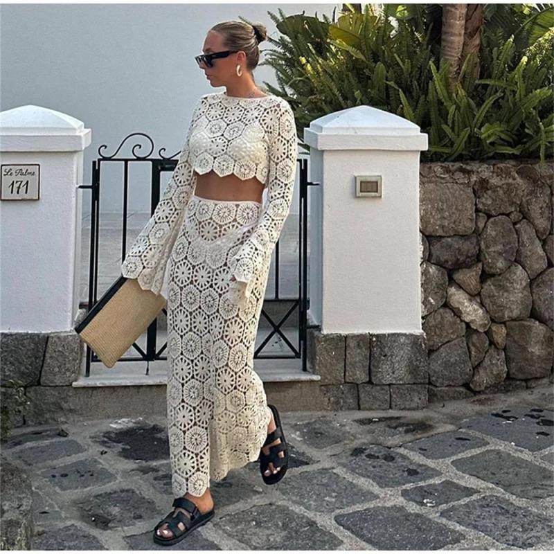 White Women Long Sleeve Cropped Top High Waist Skirts Crochet Hook Knitted Hollow Out Suits