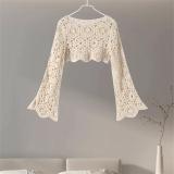 White Women Long Sleeve Cropped Top High Waist Skirts Crochet Hook Knitted Hollow Out Suits