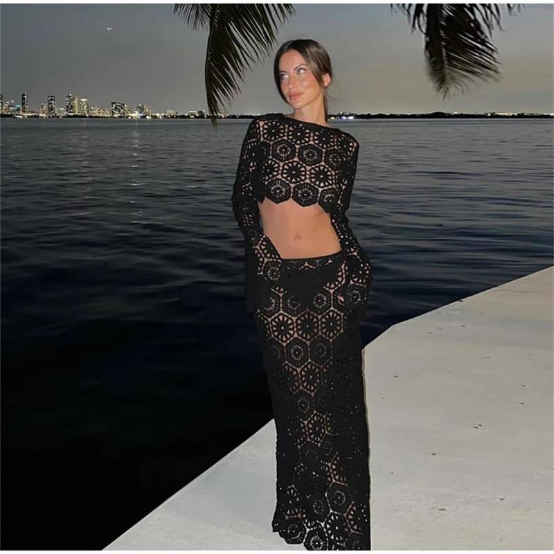 Black Women Long Sleeve Cropped Top High Waist Skirts Crochet Hook Knitted Hollow Out Suits