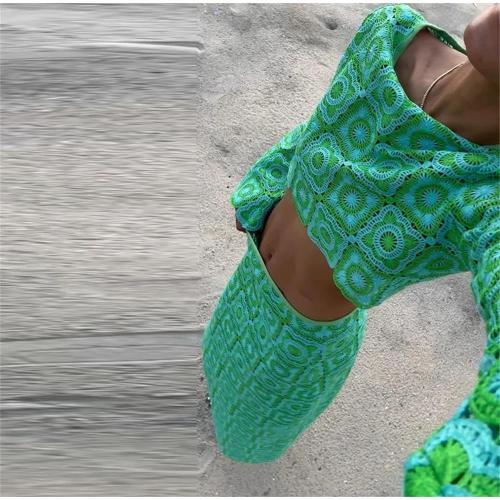 Green Women Long Sleeve Cropped Top High Waist Skirts Crochet Hook Knitted Hollow Out Suits