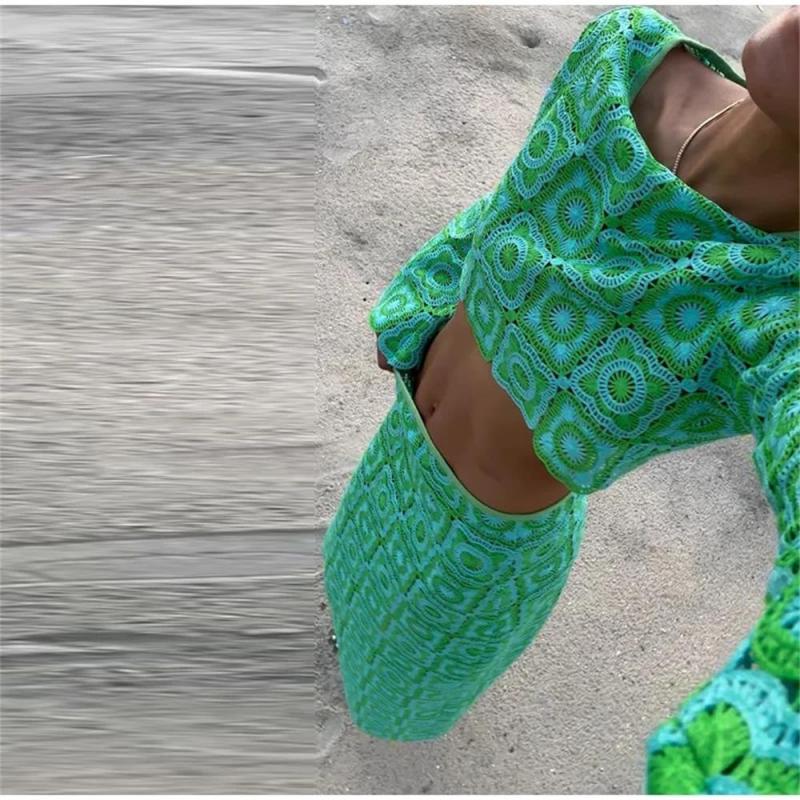 Green Women Long Sleeve Cropped Top High Waist Skirts Crochet Hook Knitted Hollow Out Suits