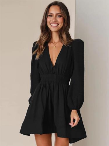 Black Women's V-neck Short Skirt Pleated Skirt Ruffled French Skirt Dress