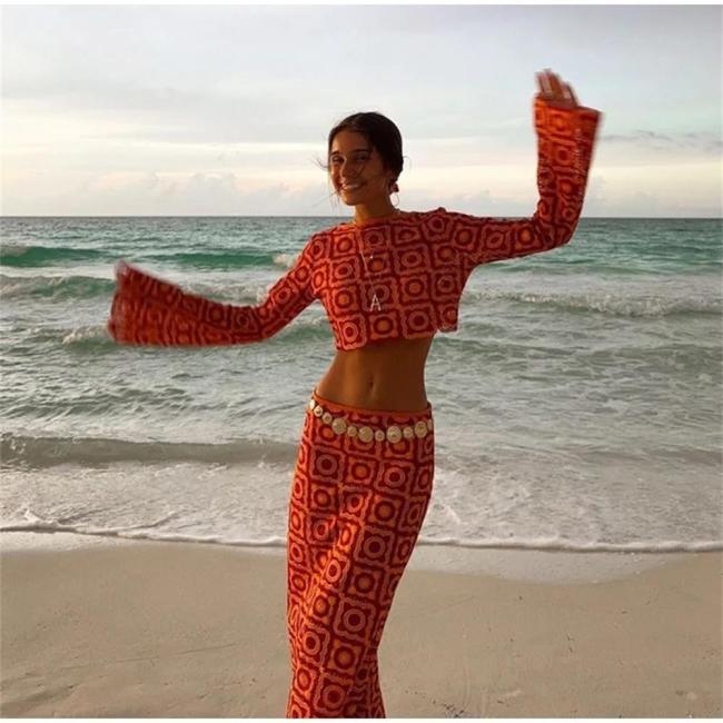 Orange Women Long Sleeve Cropped Top High Waist Skirts Crochet Hook Knitted Hollow Out Suits