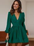 Green Women's V-neck Short Skirt Pleated Skirt Ruffled French Skirt Dress