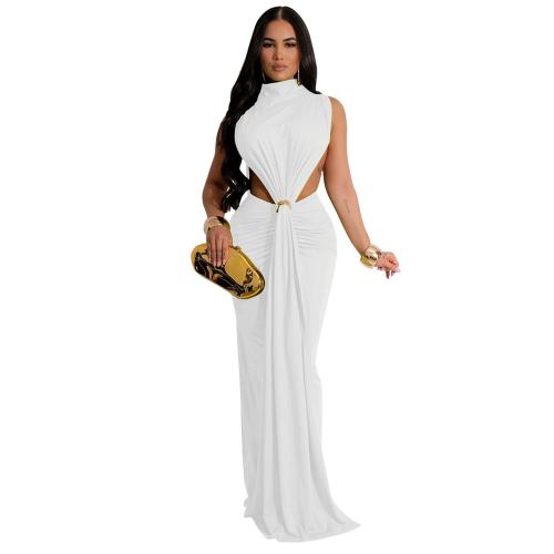 White Sleeveless Cut Out Elegant Party Evening Prom Maxi Dress