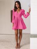 Rose Red Women's V-neck Short Skirt Pleated Skirt Ruffled French Skirt Dress