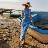 Blue Women's Printed Crop Tops Lace Up Casual Holidays Skirt Sets Midi Dress