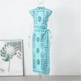 Light Green Women's Printed Crop Tops Lace Up Casual Holidays Skirt Sets Midi Dress