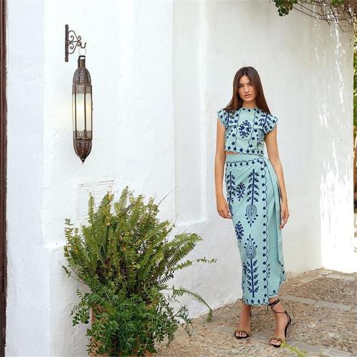 Light Green Women's Printed Crop Tops Lace Up Casual Holidays Skirt Sets Midi Dress