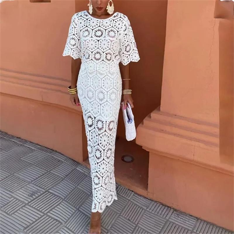 White Retro Hollow Lace Knit Sweater & Sexy Skirt Two-Piece Suit