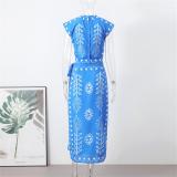 Blue Women's Printed Crop Tops Lace Up Casual Holidays Skirt Sets Midi Dress