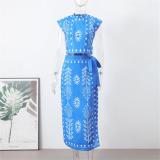 Blue Women's Printed Crop Tops Lace Up Casual Holidays Skirt Sets Midi Dress