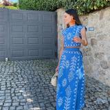 Blue Women's Printed Crop Tops Lace Up Casual Holidays Skirt Sets Midi Dress