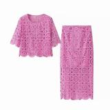 Rose Red Retro Hollow Lace Knit Sweater & Sexy Skirt Two-Piece Suit