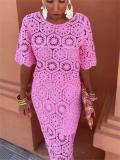 Rose Red Retro Hollow Lace Knit Sweater & Sexy Skirt Two-Piece Suit