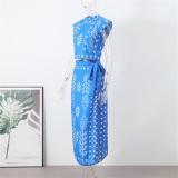 Blue Women's Printed Crop Tops Lace Up Casual Holidays Skirt Sets Midi Dress