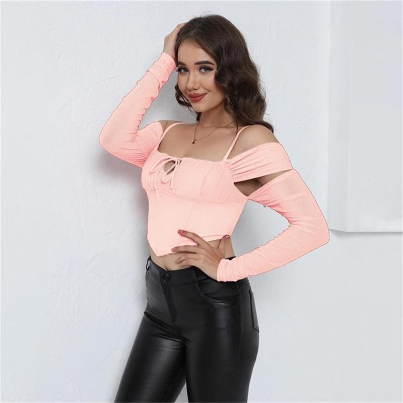 Pink Strapless Mesh Lace Off Shoulder Sexy Cut Out Lace Up Club Crop Tops