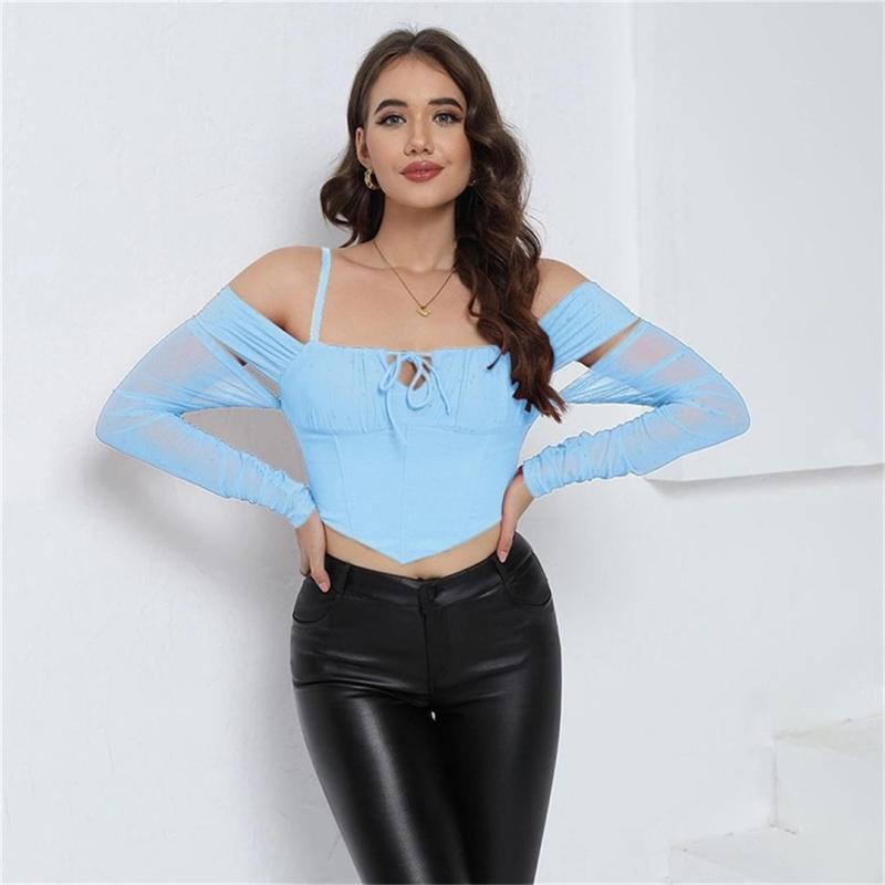 Sky Blue Strapless Mesh Lace Off Shoulder Sexy Cut Out Lace Up Club Crop Tops