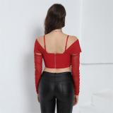 Red Strapless Mesh Lace Off Shoulder Sexy Cut Out Lace Up Club Crop Tops