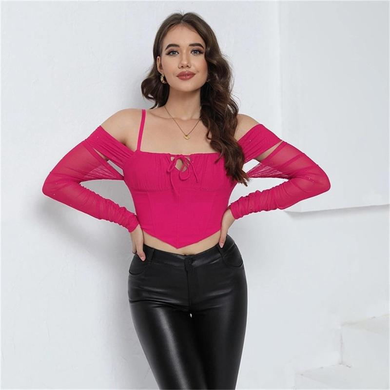 Rose Red Strapless Mesh Lace Off Shoulder Sexy Cut Out Lace Up Club Crop Tops 002