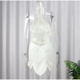 White Halter Neck Asymmetrical Knitted Dress with Hollow Flower Trendy Club Wear