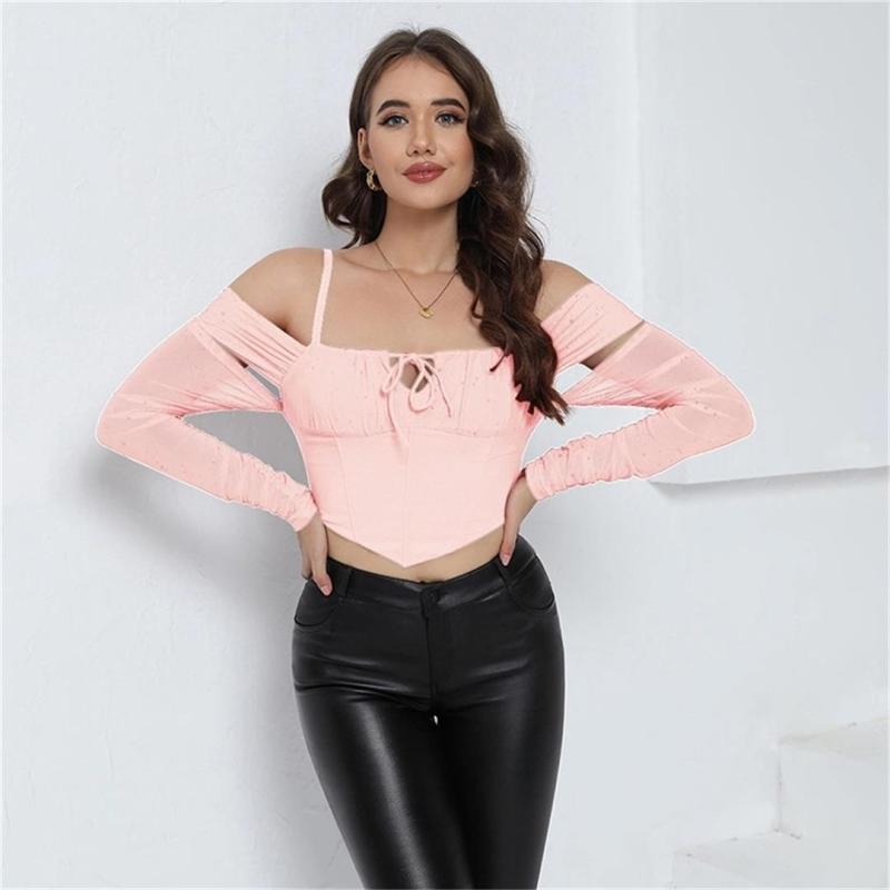 Pink Strapless Mesh Lace Off Shoulder Sexy Cut Out Lace Up Club Crop Tops