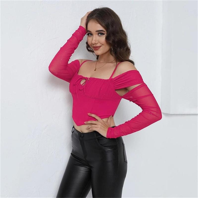 Rose Red Strapless Mesh Lace Off Shoulder Sexy Cut Out Lace Up Club Crop Tops 002