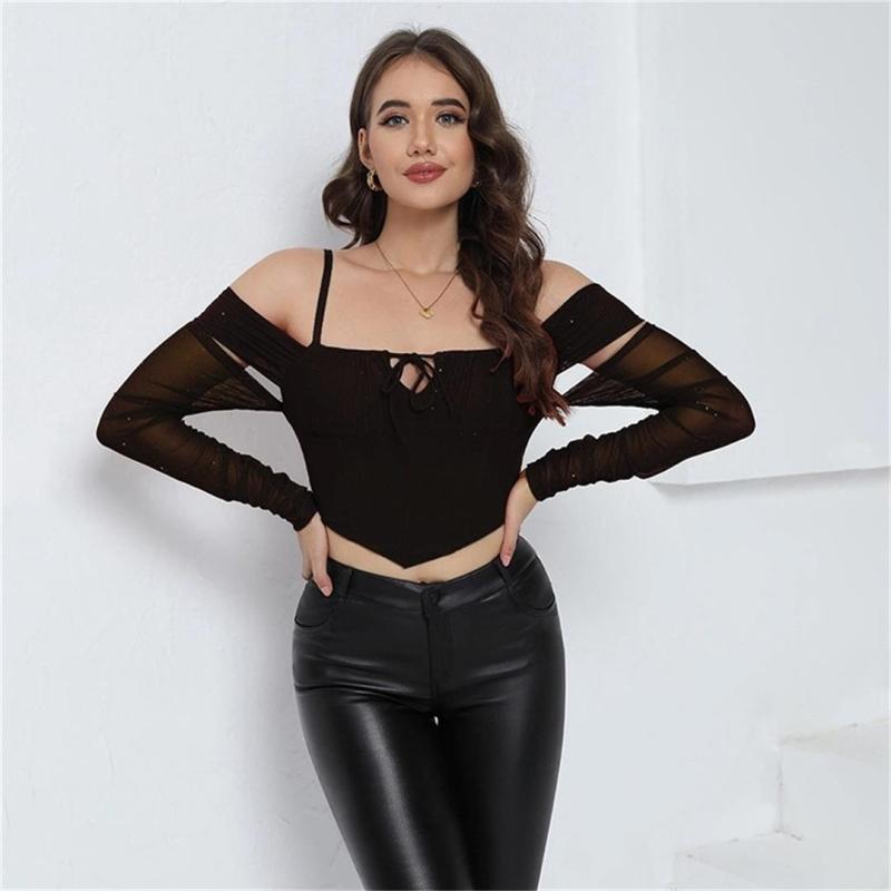 Black Strapless Mesh Lace Off Shoulder Sexy Cut Out Lace Up Club Crop Tops