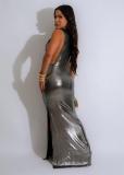 Gray Elegant Shiny Slit High-Neck Sleeveless Gown with Statement Metal Buckle