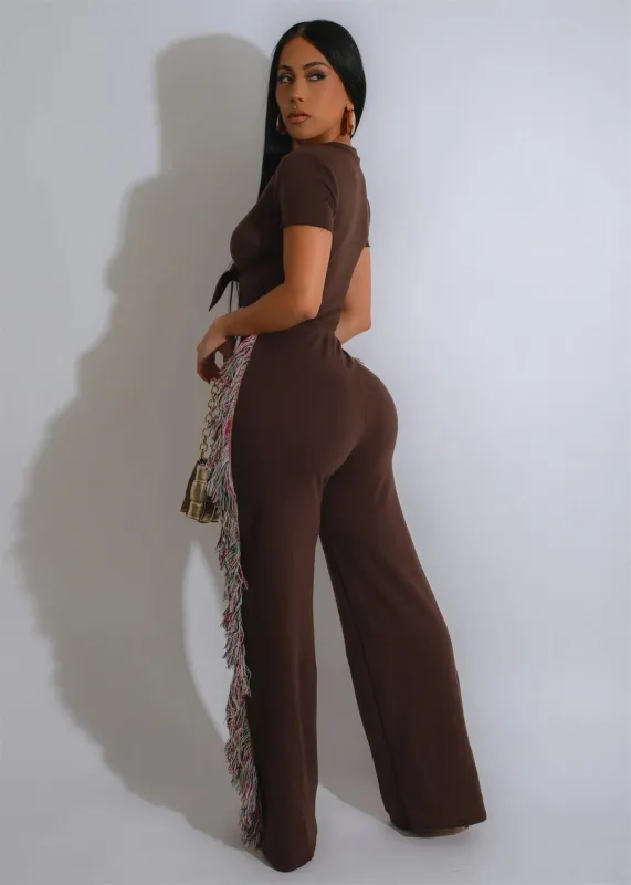 Brown Womens Jumpsuit Night Club Party V-neck Short Sleeve Tassel Wide Leg Pants