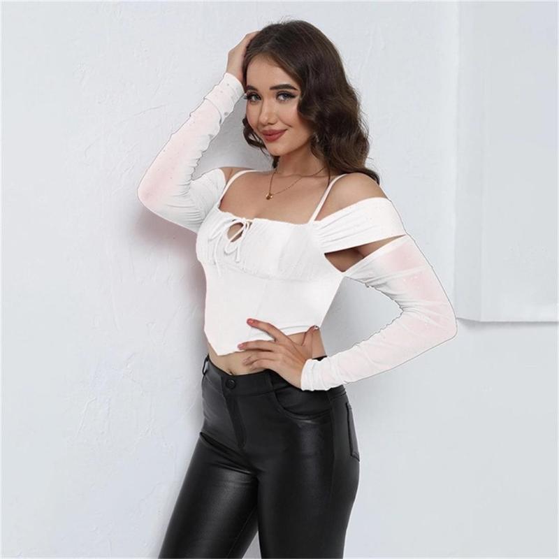 White Strapless Mesh Lace Off Shoulder Sexy Cut Out Lace Up Club Crop Tops