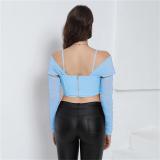 Sky Blue Strapless Mesh Lace Off Shoulder Sexy Cut Out Lace Up Club Crop Tops